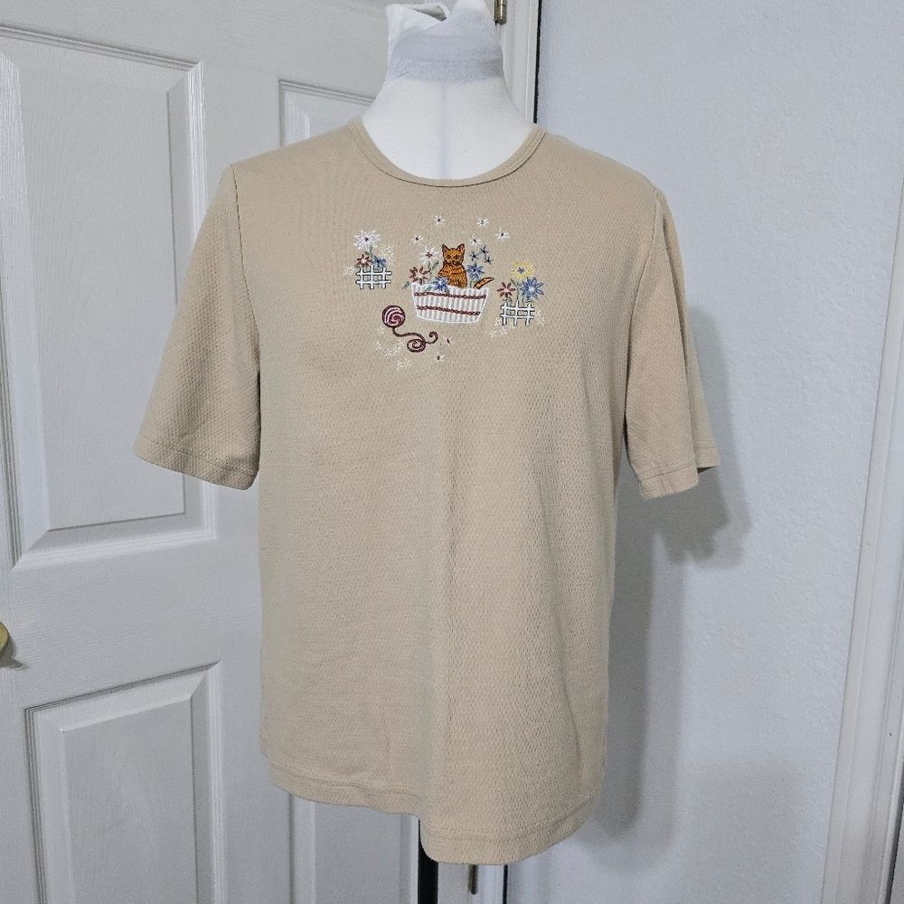 VTG 90s Teddi Beige Embroidered Cat T-Shirt Top Women's XL Cute Kawaii Graphic